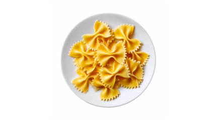 Bright yellow farfalle pasta, also known as bow-tie pasta, neatly arranged on a white plate