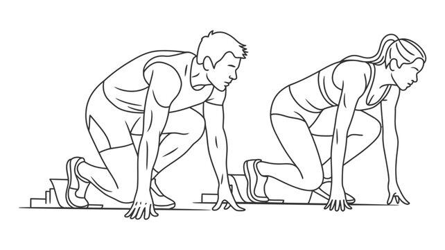 Male and female sprinters on starting blocks, poised to begin a track and field race
