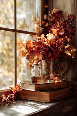 Vibrant autumn leaves in a vase beside stacked books on a windowsill