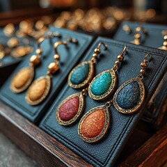 Colorful handcrafted teardrop earrings displayed High Resolution Picture