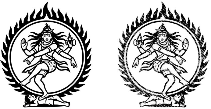 Lord Shiva Nataraja vector illustration set featuring clean outline line art and bold solid black styles. Shows the Hindu god Shiva performing the cosmic Tandava dance