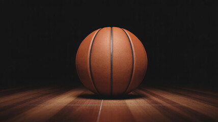 Professional basketball on wooden court floor with dramatic lighting