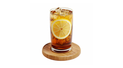 Refreshing iced tea with a vibrant lemon slice and ice on a wooden coaster