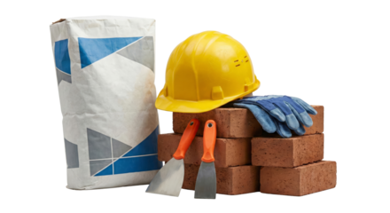 Construction Materials: Cement Bag, Bricks, Hard Hat, Trowels and Gloves on White Background