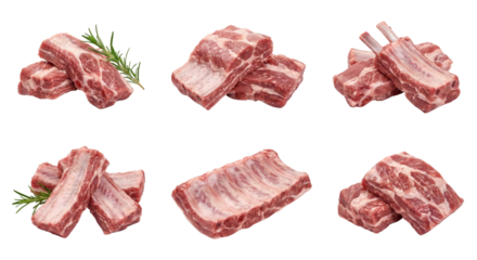 Raw Pork Ribs Assortment, Fresh Meat Cuts for Grilling and Cooking, Isolated on White