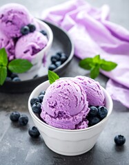 Delicious Blueberry Ice Cream Scoops with Fresh Blueberries and Mint.