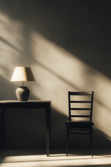 composition empty table, Stylish chair and table arrangement with lamp casting soft shadows