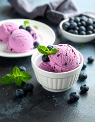 Delicious Blueberry Ice Cream Scoops with Fresh Mint and Berries.