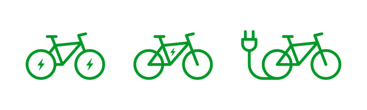 Green electric bicycle icon set