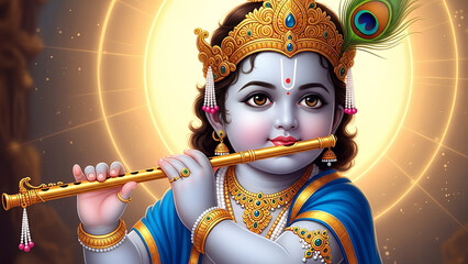 Young boy with blue and gold adornments playing a golden flute with a peacock feather in his crown child