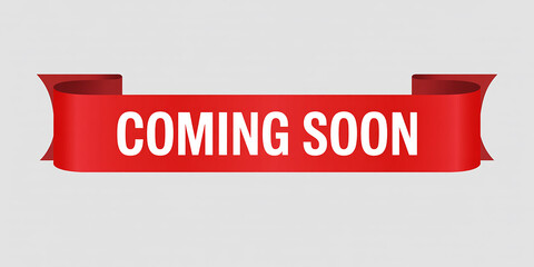 Red ribbon banner with white text COMINGSON on a light grey background Keywords: coming