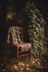 Cozy wooden chair adorned with a plaid blanket surrounded by autumn foliage