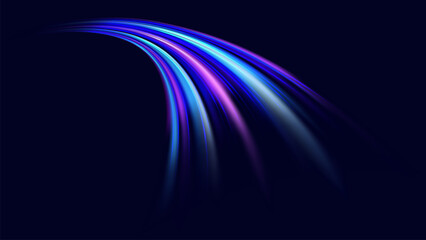 Dynamic glowing blue and purple light streaks arcing across a dark background. Concept of high speed technology, digital information flow, and high speed connectivity.