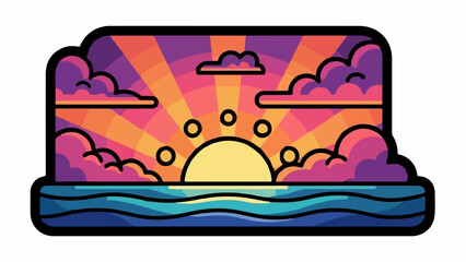 Obraz premium Stylized sunrise over wavy ocean with colorful clouds and sunburst
