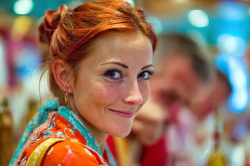 Young woman with red hair smiles at a gathering during a vibrant event in a busy indoor setting at night
