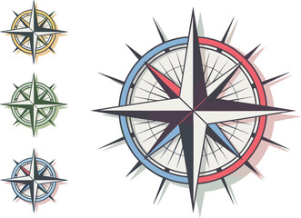 Colorful compass rose vector illustration set with nautical navigation symbols, wind rose design elements for maps, travel concepts, maritime graphics, and geographic orientation themes © Hasem Creative