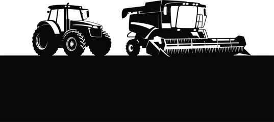 Silhouettes of tractor and combine harvester on white background, showcasing modern agricultural machinery, farming equipment, rural industry, and mechanized crop production. © Hasem Creative