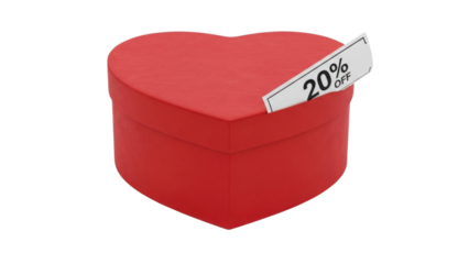 Heart Shaped Red Gift Box Product Shot with "20% Off" Sale Sticker isolated PNG with Transparent Background