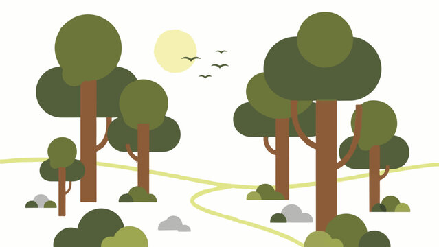 Stylized illustration of a serene woodland with tall trees, a gentle sun, and birds in flight