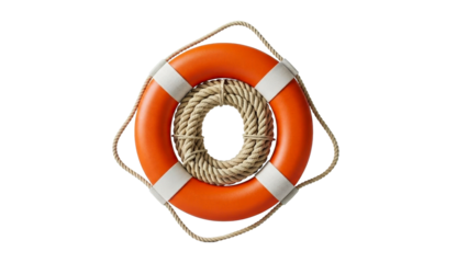 Vibrant orange lifebuoy with coiled rope offering essential safety and marine protection for water rescue concepts and boating security campaigns.