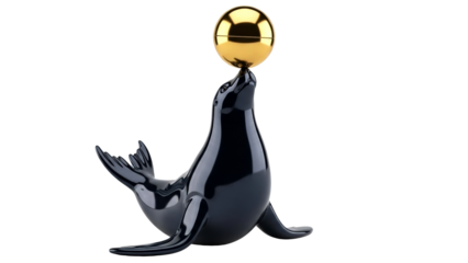 Polished black seal expertly balancing a shimmering golden sphere, ideal for conveying precision, elegance, and success in marketing and corporate communications.