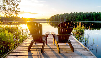 Zwei Holzstühle auf Steg am See bei Sonnenuntergang