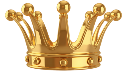 A beautifully crafted majestic golden crown with shiny reflective surface and elegant spherical adornments depicting royalty and power against a plain setting isolated on transparent backgro