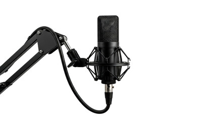 Professional black studio microphone on an adjustable boom arm for podcasting, voice recording, broadcasting, and audio production applications
