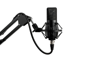 Professional black studio microphone on an adjustable boom arm for podcasting, voice recording, broadcasting, and audio production applications