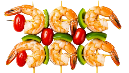 Cooked shrimp and colorful vegetable skewers with succulent prawns, red tomatoes, and green bell pepper slices perfect for healthy dining, summer party appetizers, or food preparation.
