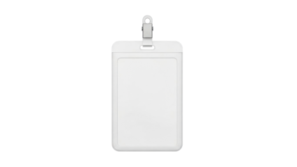 Blank plastic identification badge holder with a metal clip for secure attachment, ideal for corporate identification, event passes, or access cards.