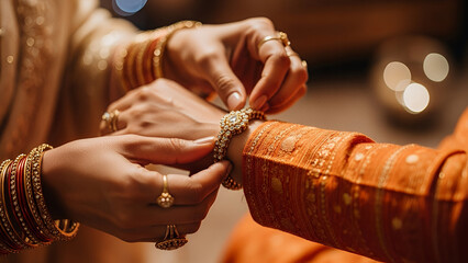 Hands placing a gold bracelet on a wrist with orange traditional attire and multiple bangles orange attire