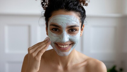 Retrato en primer plano de una mujer joven modelo con una piel saludable aplic&aacute;ndose una m&aacute;scara de crema rejuvenecedora