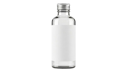 Sleek transparent glass bottle featuring a silver screw cap and a customizable blank white label, ideal for showcasing product packaging, branding, and liquid product mockups.