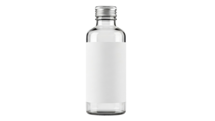 Sleek transparent glass bottle featuring a silver screw cap and a customizable blank white label, ideal for showcasing product packaging, branding, and liquid product mockups.