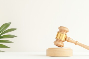 Legal hammer lying on wooden block, verdant foliage framing judicial symbol highlighting environmental law and sustainable justice concepts