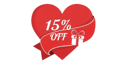 Red Heart Sale Tag Vector Graphic with Ribbon and "15% OFF" Text isolated PNG with Transparent Background