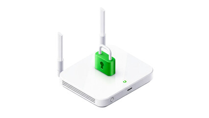 Secure wireless network device with a bright green padlock signifying strong internet connection protection and data privacy for home and office digital security solutions.
