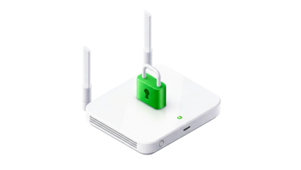 Secure wireless network device with a bright green padlock signifying strong internet connection protection and data privacy for home and office digital security solutions.