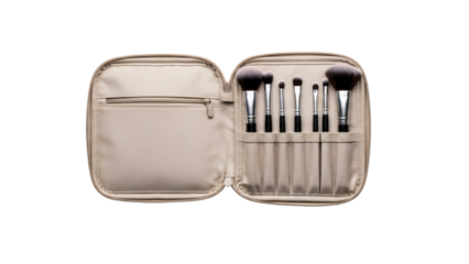 Open beige makeup brush organizer case featuring a collection of professional cosmetic tools for beauty routines and travel storage solutions