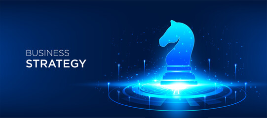 Business strategy concept with glowing chess knight symbol for strategic planning and leadership. Futuristic digital vector illustration for corporate strategy and business growth. banner © StudioPixel2