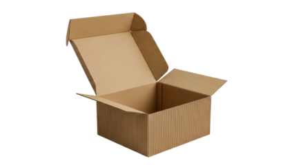 A brown corrugated cardboard shipping box is open with its flaps extended, ready for packaging, storage, or moving products, suitable for ecommerce, logistics, and retail business