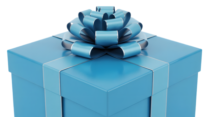 Vibrant glossy blue gift box elegantly wrapped with a matching ribbon and a grand decorative bow on top symbolizing generosity and celebration perfect for special events isolated on transpar