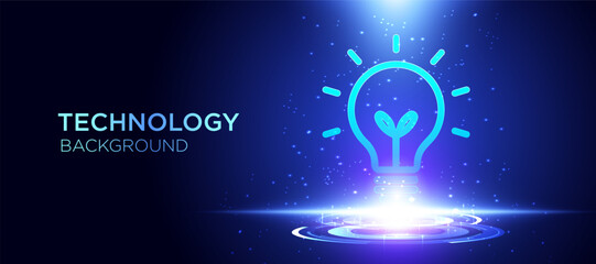 Technology innovation concept with glowing light bulb and digital growth symbol on futuristic background. Modern vector illustration for startup ideas, creative thinking, innovation technology
