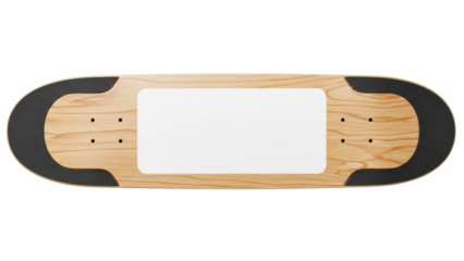Wooden skateboard deck with black grip tape sections and a central white area for customizable branding or graphic designs ideal for sports product promotion