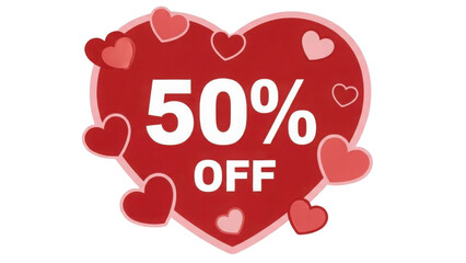 Red Heart Sale Tag Badge Vector with 50% OFF Text and Small Hearts isolated PNG with Transparent Background