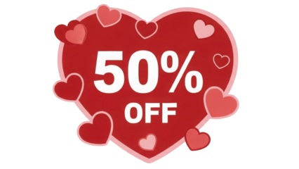 Red Heart Sale Tag Badge Vector with 50% OFF Text and Small Hearts isolated PNG with Transparent Background