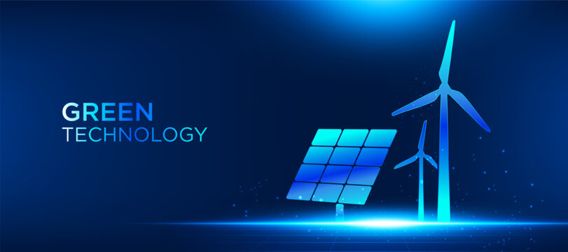 Green technology renewable energy concept with wind turbines and solar panels. Modern clean energy vector illustration for sustainability, eco innovation, and future power - Powered by Adobe
