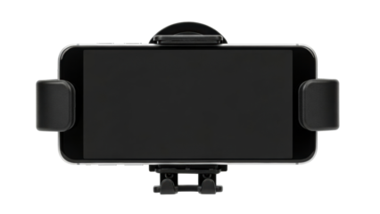 Modern black smartphone held securely in a universal car air vent mount phone holder, ideal for displaying navigation applications, handsfree calling, and safe driving.