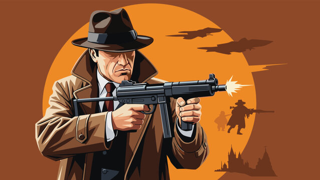 Determined detective character fires a submachine gun against a large orange sun background with silhouettes of his companions.